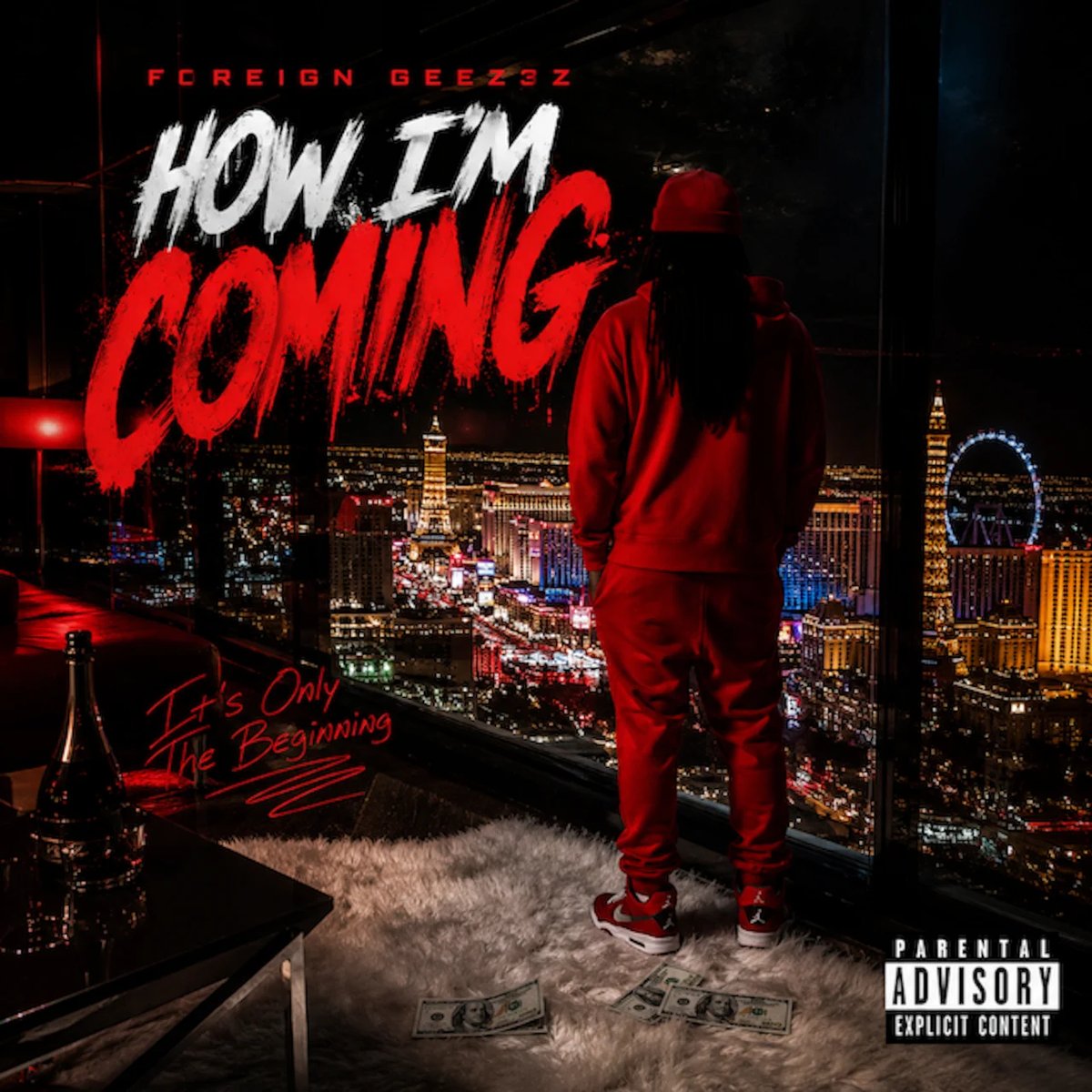Album cover showing a figure in red clothing on a high-rise balcony overlooking a lit cityscape at night with HOW IM COMING text overlay